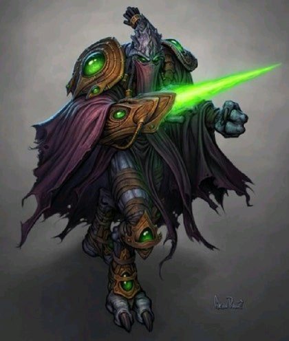 Digital artwork of an armored fantasy warrior character wielding a glowing green energy sword, wearing a helmet and goggles with dark tattered robes.