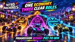 The image is a promotional graphic for the game Nitro Machines, featuring three futuristic racing cars labeled with the three in-game currency roles: "FUEL," "TIER," and "DIAMONDS." Bold text highlights the tagline "ONE ECONOMY, THREE CLEAR ROLES" along with "PROGRESSION WITHOUT PAY-TO-WIN," visually reinforcing the post's point that Nitro Machines uses three distinct currencies, each serving a unique utility to balance its economy.
