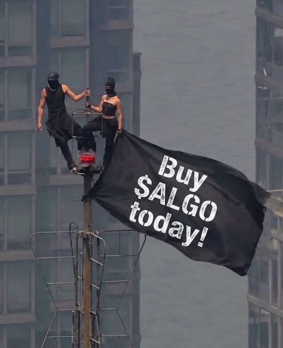 Two masked figures in black attire sit atop a flagpole with a black flag reading 'Buy SALGO today!' in a cityscape.