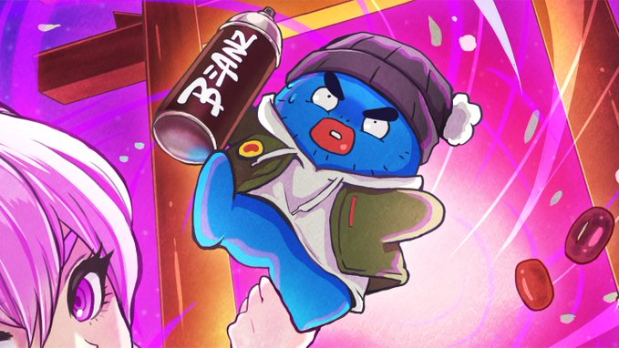 A colorful, stylized illustration featuring a blue cartoon character in a beanie and green vest holding a spray paint can labeled 'BEANZ', alongside a pink-haired anime character against a vibrant pink and purple background.