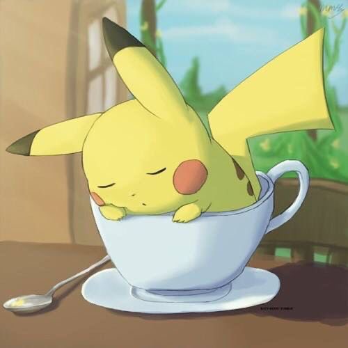 An illustration of Pikachu sleeping inside a teacup on a saucer.