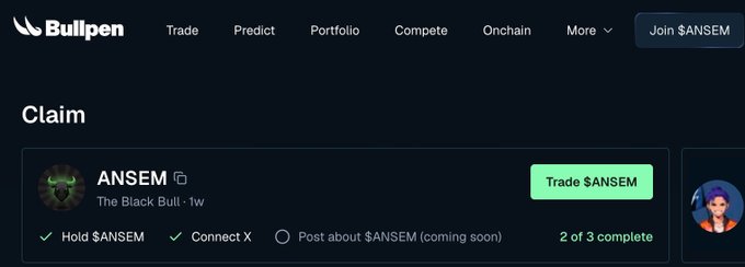 Bullpen crypto platform 'Claim' page for $ANSEM token (The Black Bull), showing completed tasks including holding $ANSEM and connecting X, with 2 of 3 complete.