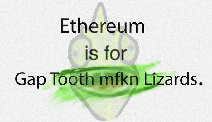 A hand-drawn green scribble over the Ethereum logo accompanies the text "Ethereum is for Gap Tooth mfkn Lizards," serving as a satirical jab referencing the "$gapp" lizard meme token while the poster predicts ETH will reach 140k.