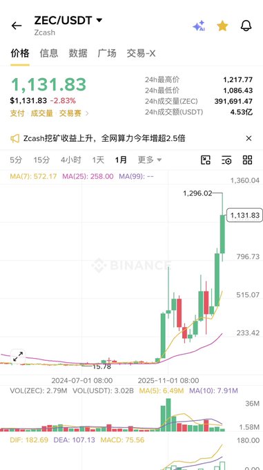 A cryptocurrency trading interface shows the ZEC/USDT (Zcash) chart on Binance with a current price of 1,131.83, displaying a candlestick chart with a sharp upward trend.