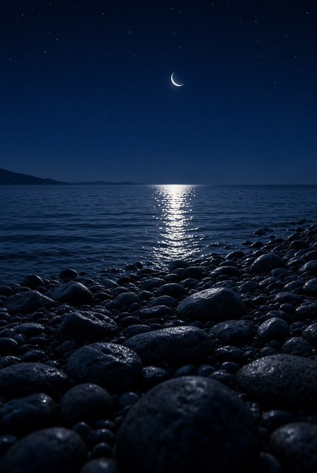 A serene nighttime seascape showing a crescent moon reflecting on calm water, with a rocky shoreline of smooth dark stones in the foreground.