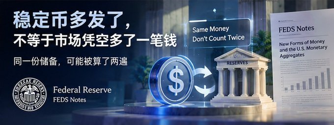 A graphic titled '稳定币多发了，不等于市场凭空多了一笔钱' discusses the Federal Reserve and FEDS Notes, illustrating 'Same Money Don't Count Twice' and 'New Forms of Money and the U.S. Monetary Aggregates'.