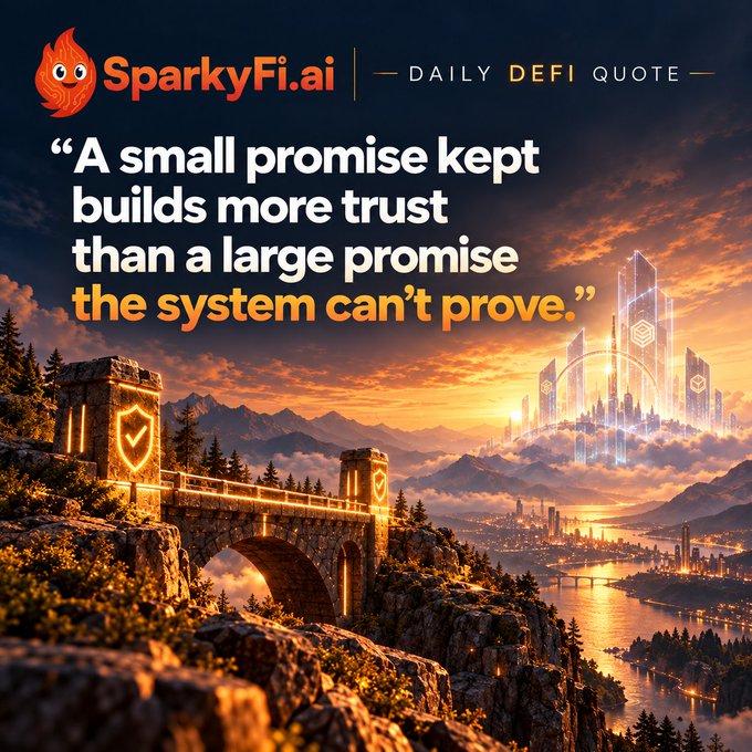 The image is a SparkyFi.ai branded "Daily DeFi Quote" graphic featuring the quote "A small promise kept builds more trust than a large promise the system can't prove." The visual shows a fantastical landscape with a glowing stone bridge marked by shield symbols connecting to a futuristic floating city, symbolizing the trust and reliability that DeFi infrastructure aims to provide.