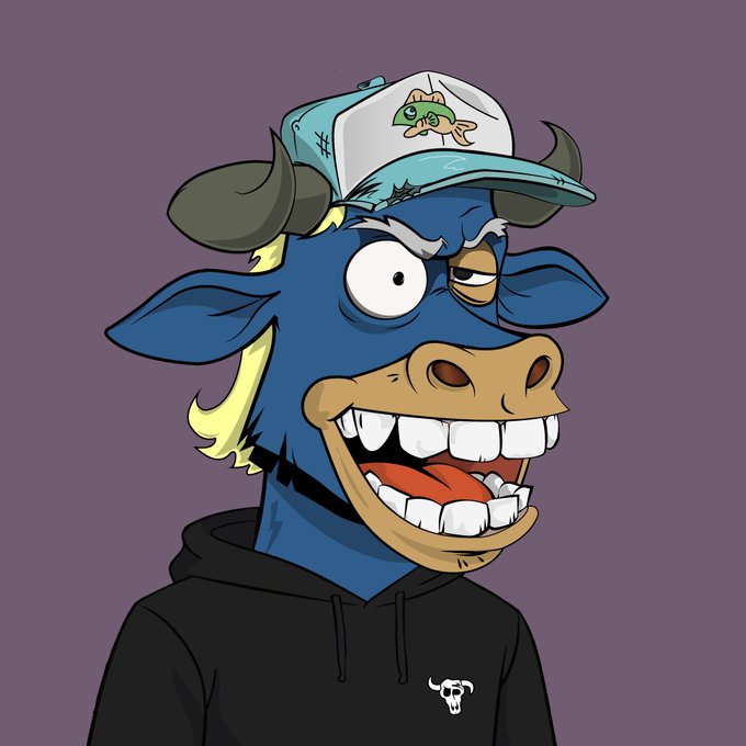 A cartoon illustration of a blue bull character with a wide, toothy grin, wearing a black hoodie featuring a bull skull logo and a light blue and white cap with a fish emblem.