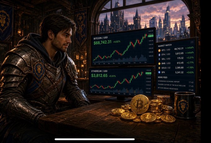 A hooded figure in ornate armor studies financial screens displaying Bitcoin ($68,742.31, +4.82%), Ethereum ($3,812.65, +8.91%), and various market tickers, while a pile of gold coins featuring the Bitcoin logo and a mug rest on a wooden desk against a castle backdrop. The image playfully visualizes the post's joke by casting crypto trading as a fantasy quest, suggesting the goblin-like gold-grubbing skills honed in the WoW Auction House translate directly to real-world cryptocurrency markets.