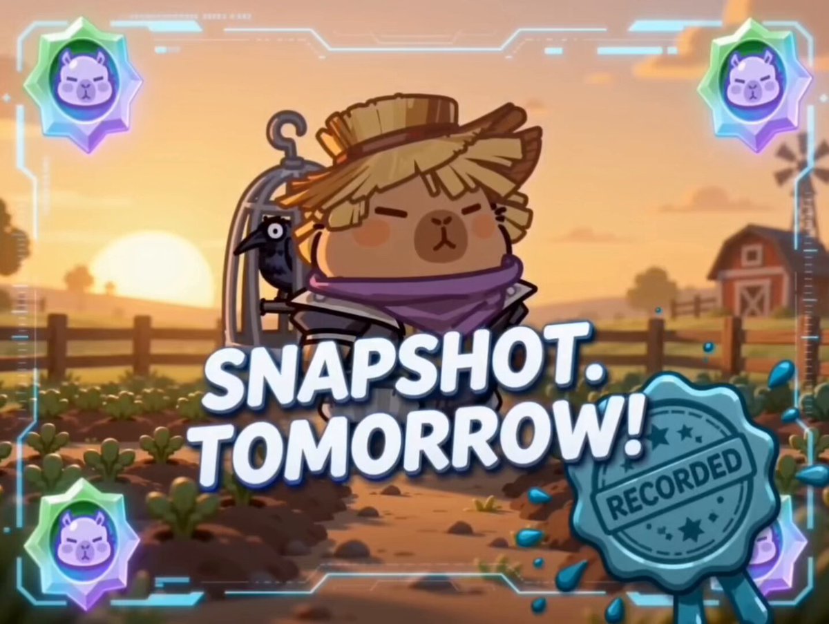 The image features a cartoon character, possibly a farmer or a scarecrow, standing next to a fence with a sign that says "SNAPSHOT TOMORROW On June 2, the Capybobo S2 server pauses for a snapshot. Your BOBO Points get recorded and locked in. The bigger one? Hold and spend $CROCO in Capybobo 2. Every move builds your S2 Airdrop share."