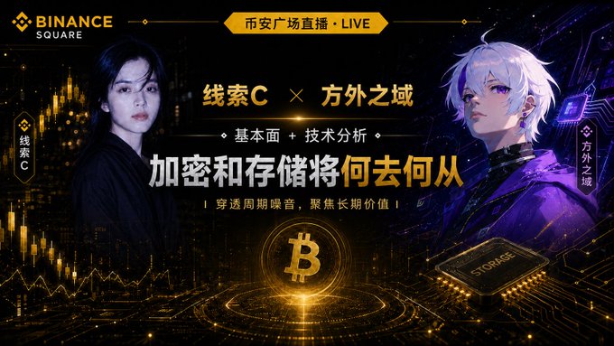 A promotional banner for a Binance Square LIVE broadcast featuring "线索C" and "方外之域," announcing their discussion on "加密和存储将何去何从" (the future of crypto and storage), aligning with the post's announcement of an upcoming stream analyzing storage alongside price action, fundamentals, and technical analysis.
