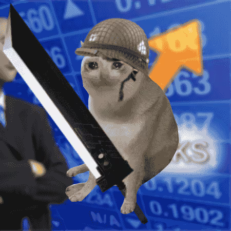A cat wearing a military helmet and wielding a large sword stands before a blue stock market chart featuring an upward orange arrow and numbers like "63" and "0.1204," visually reinforcing the "fight for what you believe in $CASHCAT" message.