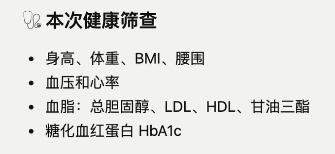 A slide titled '本次健康筛查' (This Health Screening) in Chinese lists the checkup items: height, weight, BMI, waist circumference, blood pressure and heart rate, blood lipids (total cholesterol, LDL, HDL, triglycerides), and HbA1c.