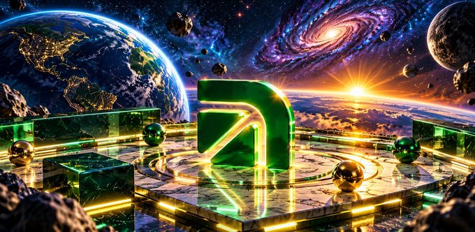 A vibrant sci-fi digital artwork depicting Earth and a spiral galaxy in space, with a green geometric logo structure and golden orbs positioned on a circular platform in the foreground.