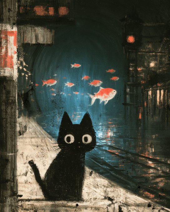 A black cat with wide, startled eyes sits at the edge of a dark, rain-slicked city street at night, gazing in wonder at a surreal school of glowing orange koi fish swimming through the air above the water. The dreamlike, painterly scene perfectly captures the whimsical mood of the caption, blending the quiet magic of a hidden "Neko no Sekai" (Cat's World) with the everyday charm of an alleyway.