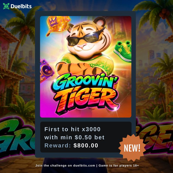 A promotional card from Duelbits featuring the "Groovin' Tiger" slot game, advertising a new challenge where the first player to hit a x3000 multiplier with a minimum $0.50 bet wins an $800.00 reward. The card shows a cartoon tiger wearing sunglasses with a gold crown, sneakers, and a speaker, with a vibrant tropical background.