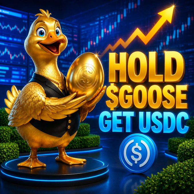 The image features a cartoon gold goose holding a golden egg against a blue background with an upward-pointing arrow. Below this scene, there are words that read "hold $GOOSE Get USDC" written in white text. The overall theme of the image is related to cryptocurrency and digital assets, as it promotes the idea of investing in Bitcoin or other cryptocurrencies using the golden goose token.