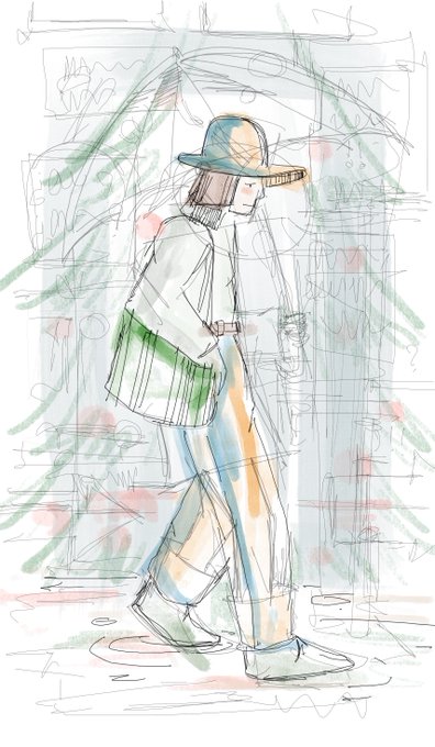 A loose, sketchy mixed-media illustration of a person walking, wearing a bucket hat, a hoodie, and carrying a green-striped shoulder bag, with blue and orange marker accents.
