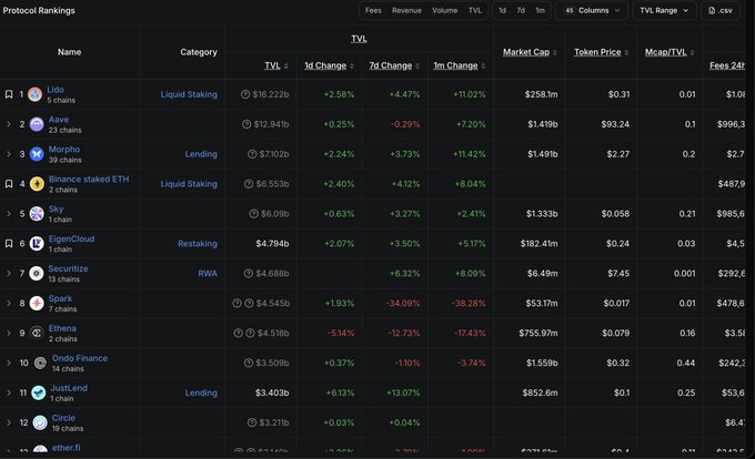 A dark-themed dashboard showing Protocol Rankings with columns for TVL, 1d/7d/1m Change, Market Cap, Token Price, and Mcap/TVL, listing protocols like Lido, Aave, Morpho, Binance staked ETH, and Sky.