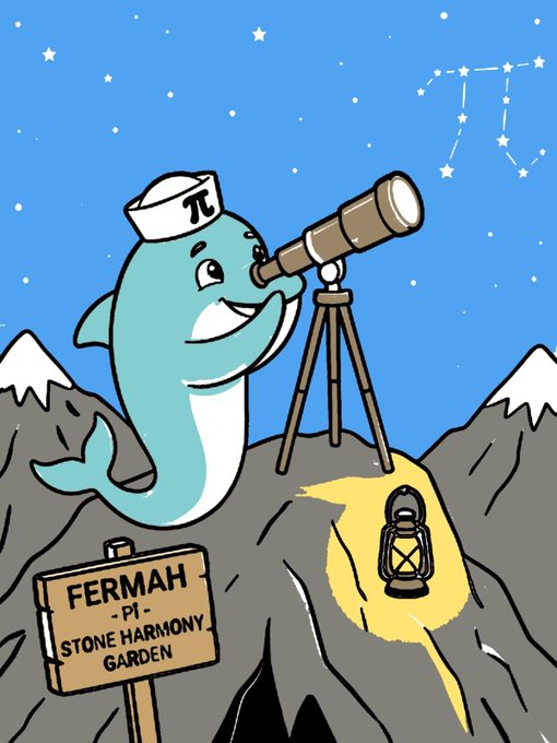 A cheerful blue dolphin wearing a "π" sailor hat looks through a telescope on a snowy mountaintop, with a lantern glowing beside it and a sign reading "FERMAH - PI - STONE HARMONY GARDEN." The post's message about removing centralized operators from proof pipelines aligns with the "FERMAH PI" branding, symbolizing a vision of autonomous, decentralized infrastructure (represented by the dolphin navigator) operating independently in the night sky.

#gfermah #PiNetwork