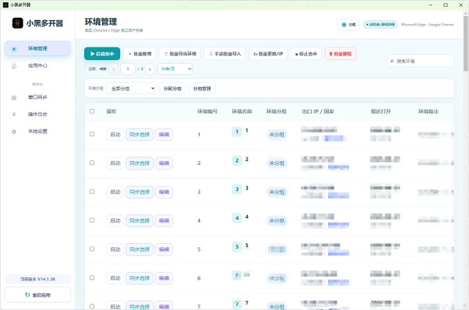 The image shows the "环境管理" (Environment Management) interface of XiaoHei Multi-Opener V14.1.38, displaying a table of 7 numbered browser environments with options to start, synchronize selection, and edit, alongside various management tabs for fingerprints and environments. This directly illustrates the software's core feature of managing multiple Chrome and Edge browser environments, supporting the post's mention of fingerprint migration and local data storage capabilities.