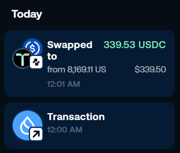 A mobile app screenshot showing two transactions: a 'Swapped to' transaction for 339.53 USDC from 8,169.11 US at 12:01 AM, and a 'Transaction' at 12:00 AM.