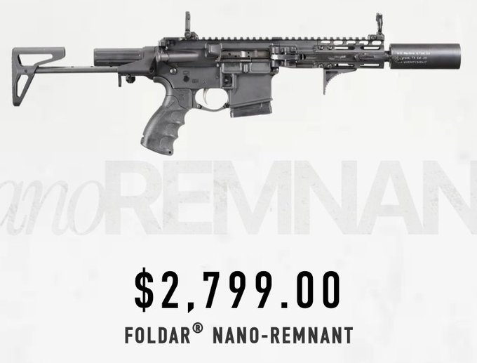 A black FOLDAR Nano-Remnant compact firearm is displayed with a suppressor, priced at $2,799.00. The image markets the collapsible rifle as a discreet, easily concealable self-defense option for situations where rapid response to threats may be necessary.