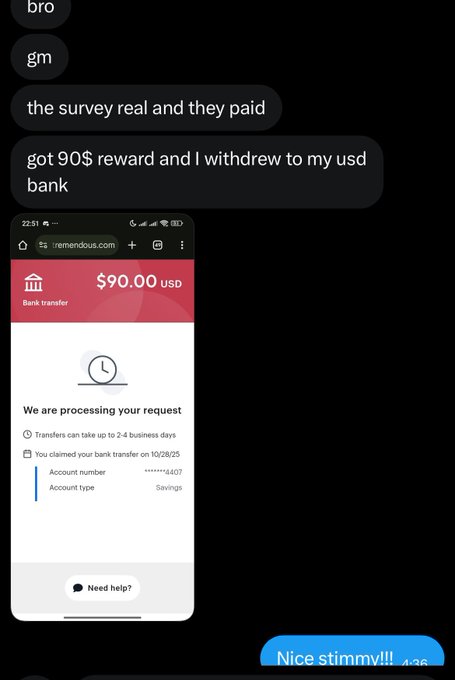 A screenshot of a text conversation shows a user claiming they earned a $90 reward from a Metamask survey and successfully withdrew it to their USD bank account. The accompanying image displays a remendous.com bank transfer page processing a $90.00 USD withdrawal to a savings account ending in 4407, serving as proof of the payout described in the post.