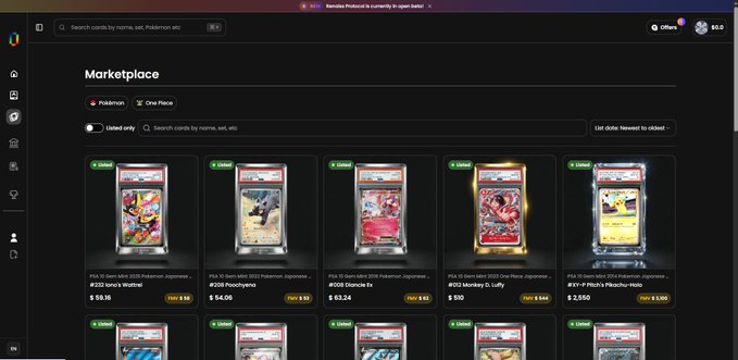 A screenshot of a Pokémon TCG marketplace interface showing several sealed booster pack listings, including PSA 10 graded items with prices like $59.10, $54.00, and $63.24.