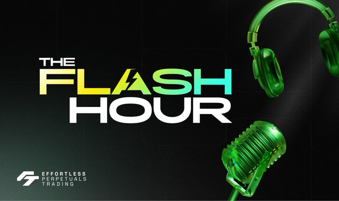 A promotional graphic for 'THE FLASH HOUR' podcast, featuring green headphones and a microphone against a dark background, with 'Effortless Perpetuals Trading' text in the corner.