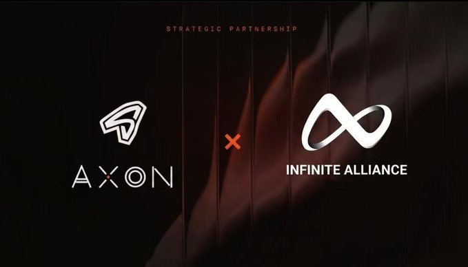A dark promotional graphic announces a "STRATEGIC PARTNERSHIP" between AXON and Infinite Alliance, featuring both companies' logos separated by an orange "X" mark. The visual directly illustrates the post's announcement of Infinite Alliance's strategic investment into AXON Finance.