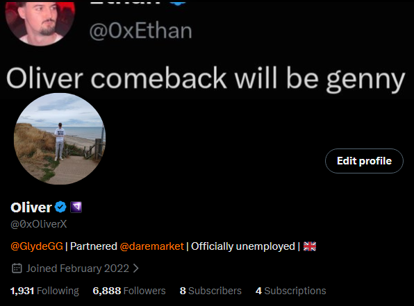 A Twitter/X bio for @0xEthan featuring the caption 'Oliver comeback will be genny' above a pinned tweet for Oliver (@0xOliveX) showing 'Partenered @daremarket | Officially unemployed' with 6,888 Followers.