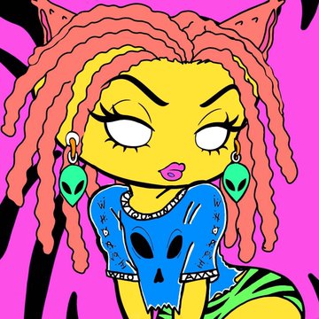 A colorful cartoon illustration of a character with yellow skin, pink-orange dreadlocks, alien head earrings, wearing a blue crop top with an alien skull design, set against a bright pink and green background.