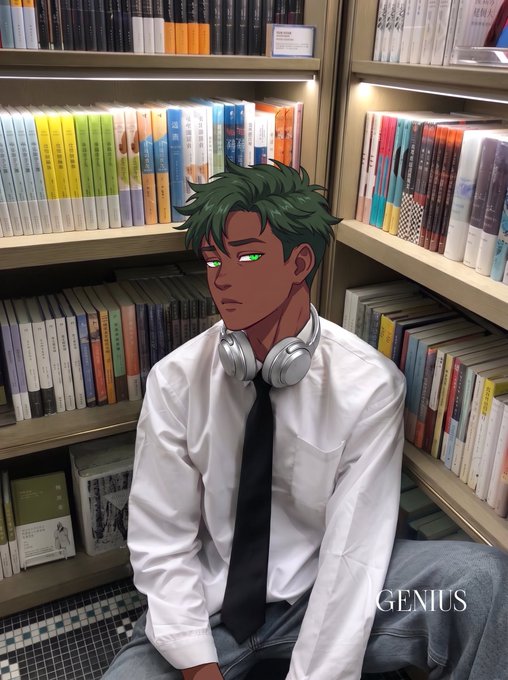 An illustration of a dark-skinned man with green hair, wearing a white shirt, a black tie, and silver headphones, sitting on the floor in a corner surrounded by bookshelves, with the word 'GENIUS' in the corner.