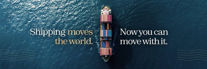 An aerial view of a cargo ship loaded with shipping containers cuts through deep blue ocean waters, overlaid with the bold text "Shipping moves the world. Now you can move with it." The image visually reinforces the post's message about tokenizing shipping assets like EthraShip, symbolizing how real-world infrastructure—rather than needing reinvention—can be enhanced through RWA (real-world asset) tokenization to improve value flow and transparency.