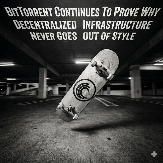 The image features an old skateboard lying upside down on a concrete floor, surrounded by empty parking spaces. The text "bittortent continues to prove why decentralized infrastructure never goes out of style" is written above the skateboard. This quote suggests that despite the decline in popularity or relevance of certain things over time, there are still some timeless ideas and concepts that continue to hold true. In this case, it seems like the idea behind the quote is to emphasize the enduring appeal of a simple, classic skateboard as an object of interest or nostalgia for many people.