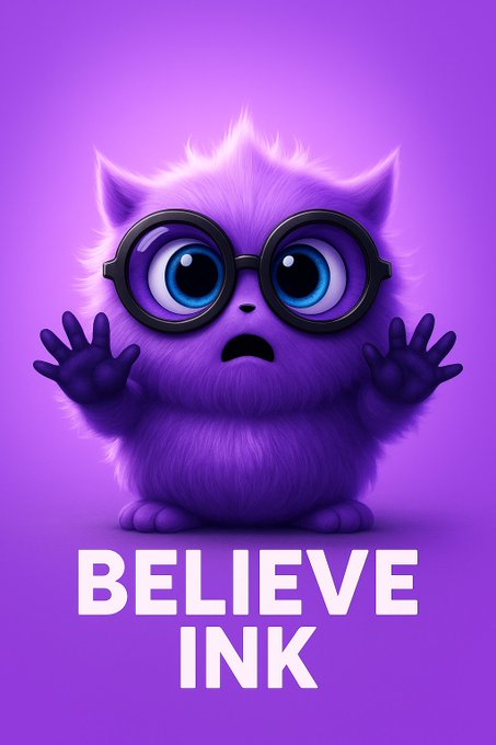 A fluffy purple cartoon creature with large round glasses and a surprised expression stands with raised paws against a vibrant purple background, displaying the text "BELIEVE INK." The character's wide-eyed wonder and the bold affirmation mirror the post's message of steadfast faith in the project's vision, symbolizing the Anita Army's unwavering support and confidence in the team's long-term growth and building journey.