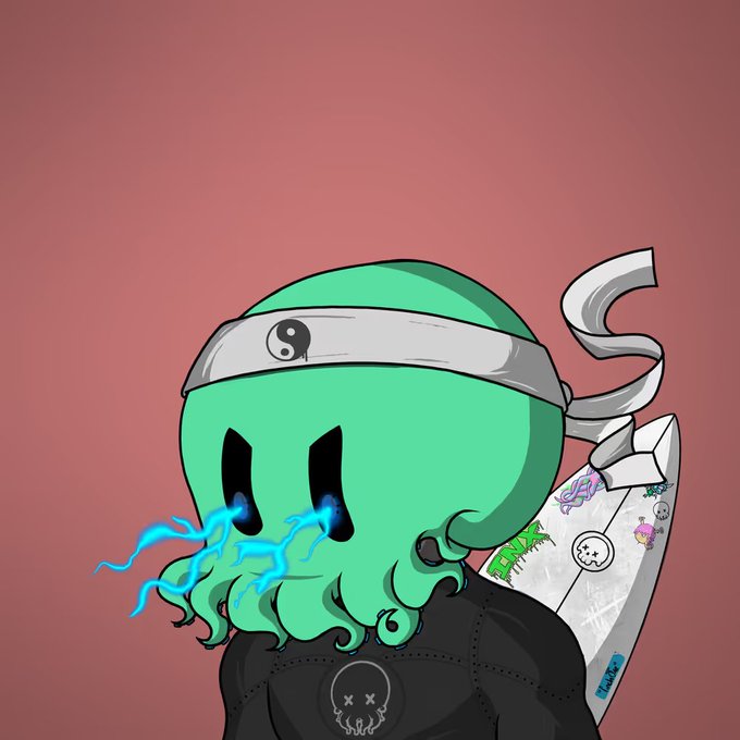 A cartoon illustration of a green octopus-like character wearing a yin-yang headband, with blue flames coming from its eyes, dressed in black clothing, holding a weapon.