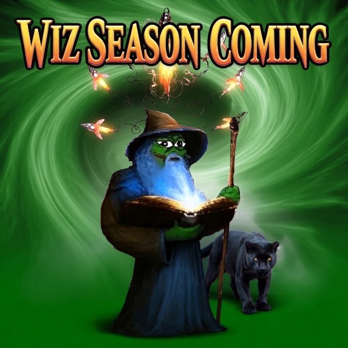 The image shows a wizard with a blue beard and robes holding a glowing spellbook, accompanied by a black panther, set against a swirling green vortex with rockets launching and the text "WIZ SEASON COMING" displayed at the top. The mystical wizard imagery visually reinforces the post's prediction of an upcoming bullish "wizard season" for the mentioned cryptocurrencies, with the rockets symbolizing the upward price movements anticipated for ZEC, NPC, and BTC.
