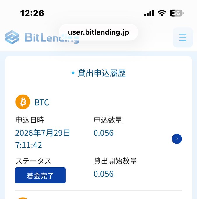 A screenshot of the BitLending.jp platform shows a completed (着金完了) BTC lending application dated July 29, 2026 at 7:11:42 for 0.056 BTC, with the full lending amount confirmed. This aligns with the user's post about actively lending out their dormant Bitcoin, as evidenced by the completed transaction shown in their lending history.