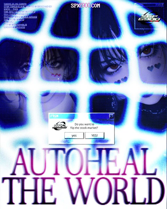 A retro/vaporwave-style graphic featuring anime eyes behind a blue grid with the text 'AUTOHEAL THE WORLD' and a pop-up asking 'Do you want to flip the stock market?'.