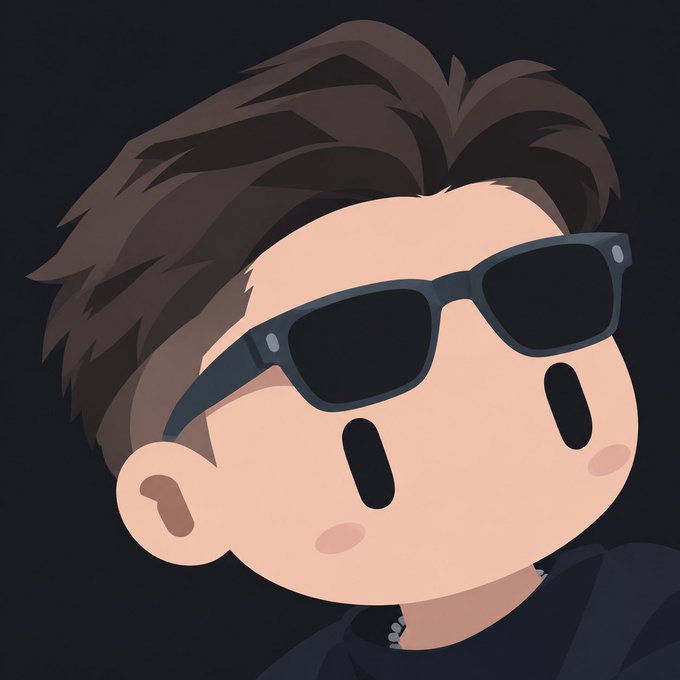 A digital illustration of a chibi-style cartoon character with brown spiky hair wearing dark sunglasses against a black background.