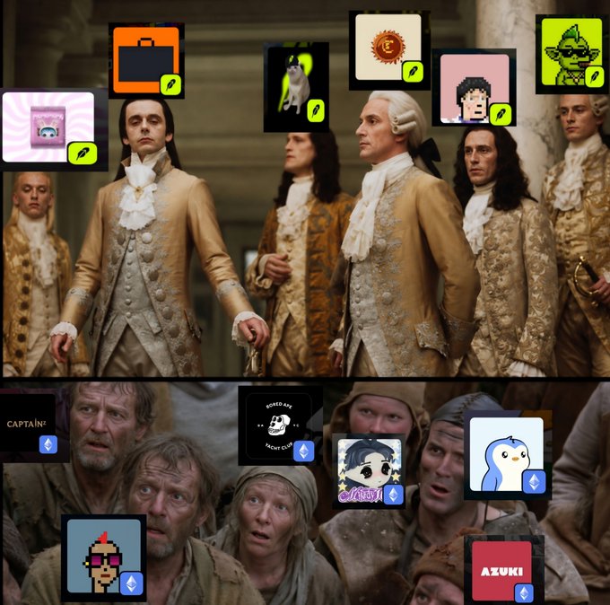 A split image showing aristocrats in 18th-century attire on top and gaunt peasants below, overlaid with various NFT profile pictures (PFPs) indicating 'Captainz' and other collections.