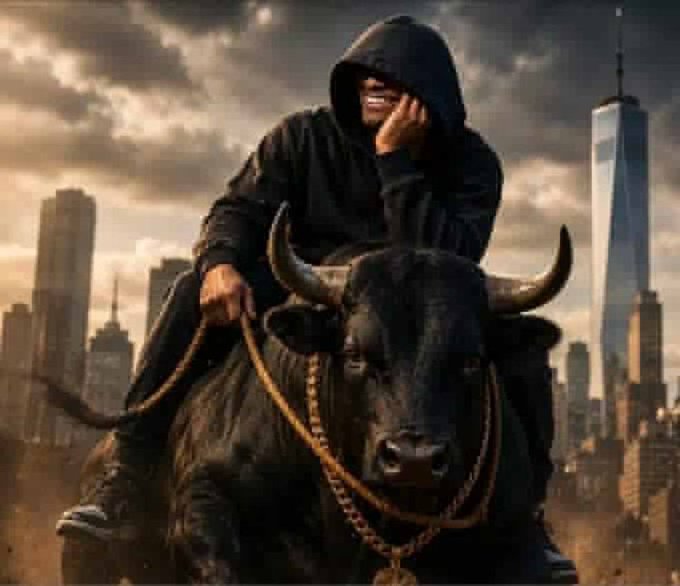 A hooded figure rides atop a massive black bull adorned with a gold chain and medallion, set against a backdrop of the New York City skyline including One World Trade Center. The image visually reinforces the "$DEALER" post through the prominent bull symbolism, commonly associated with bullish market sentiment and crypto trading enthusiasm.