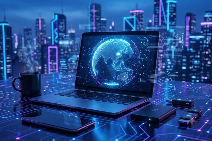 A futuristic laptop displaying a glowing digital globe surrounded by circuit-like data streams, set on a surface with a coffee mug and a stylized neon city skyline in the background.