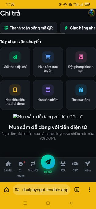 A screenshot of the DGPT mobile app interface in Vietnamese, showing options like 'Gửi theo địa chỉ' (Send by address) and 'Mua sắm trực tuyến' (Online shopping), with the URL 'obalpaydgpt.lovable.app' visible.