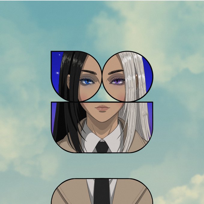 A stylized illustration featuring a character split down the middle—black hair and blue eye on the left, white hair and purple eye on the right—framed within a geometric shape against a cloudy sky.