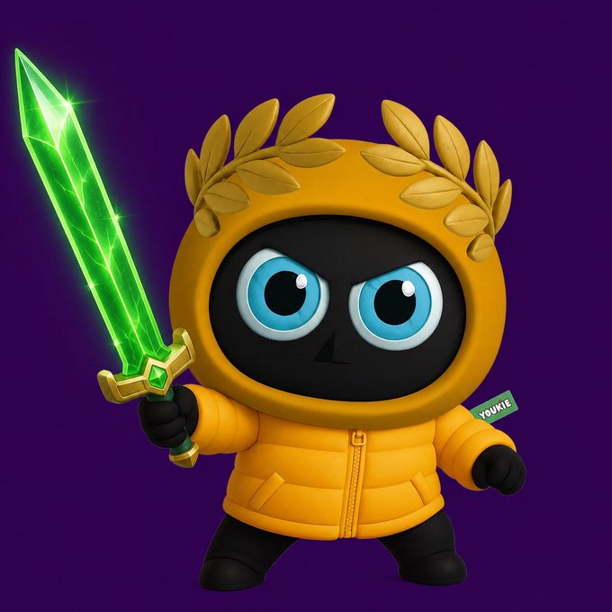 A cartoon character in a yellow hooded jacket and laurel wreath holds a glowing green sword against a purple background, with a 'YOUKIE' tag visible.