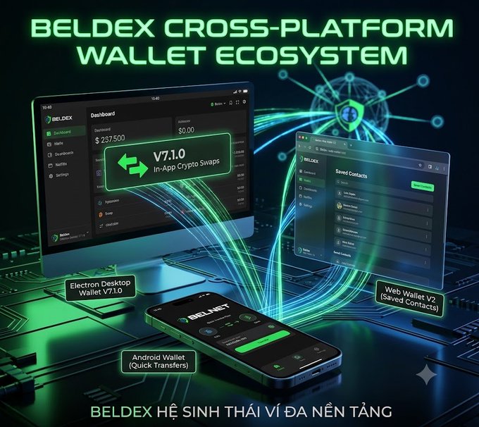 A vibrant promotional graphic showcasing the "BELDEX CROSS-PLATFORM WALLET ECOSYSTEM" (v7.1.0), featuring its Electron Desktop Wallet displaying a $237,500 dashboard with in-app crypto swaps, the Web Wallet V2 with saved contacts, and the Android Wallet for quick transfers, illustrating the post's praise for Beldex's seamless, multi-device crypto management experience.