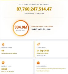 A Binance infographic showing 'TOTAL LUNC INCINERATED BY BINANCE' at 87,760,247,514.47, with a current burn rate of 334.9M LUNC and stats for Archival Burns, Latest Burn, Fastest Burn, and Burn Address.